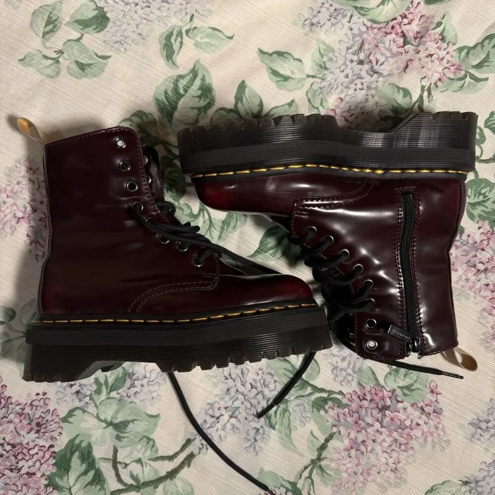 Dr. Martens Burgundy Leather Combat Ankle Boots Lace-Up Side Zip Round Toe